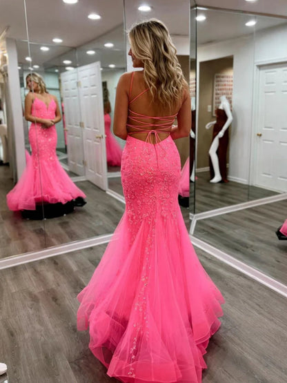 Backless V Neck Mermaid Pink Lace Long Prom Dress