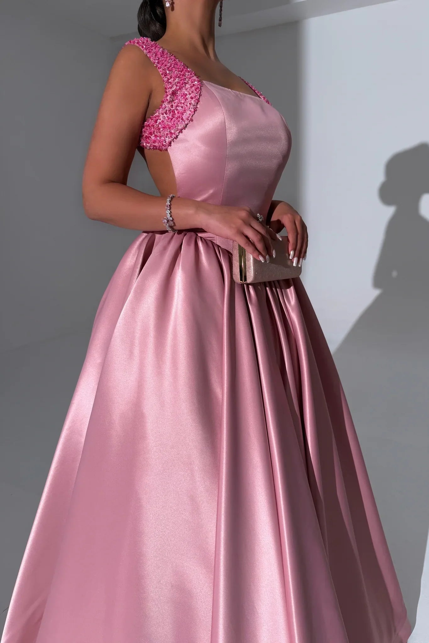 Bateau Satin Backless Beaded Straps A-Line Empire Prom Dress