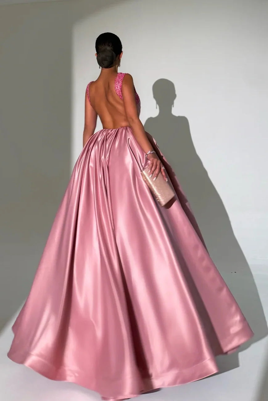 Bateau Satin Backless Beaded Straps A-Line Empire Prom Dress