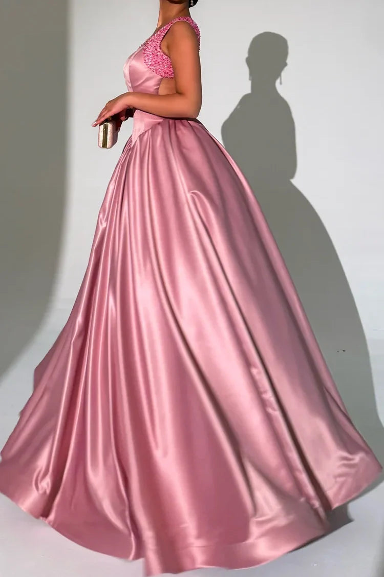 Bateau Satin Backless Beaded Straps A-Line Empire Prom Dress