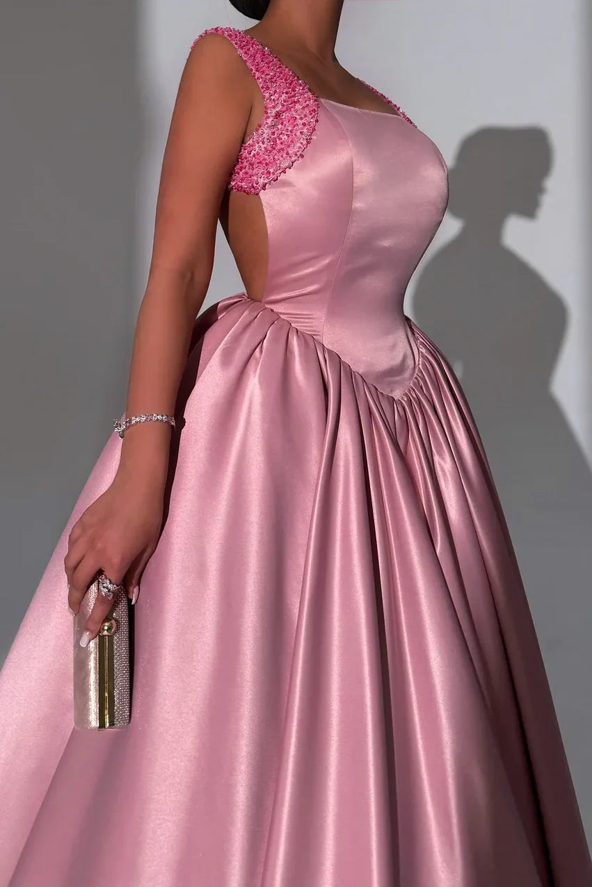 Bateau Satin Backless Beaded Straps A-Line Empire Prom Dress