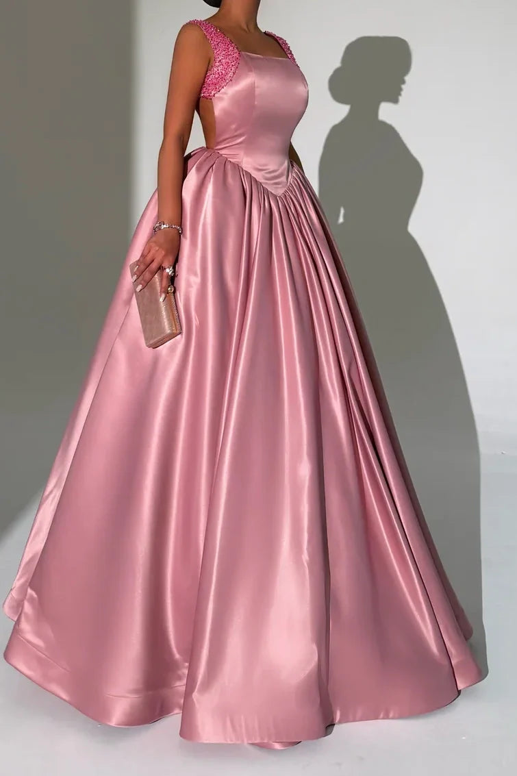 Bateau Satin Backless Beaded Straps A-Line Empire Prom Dress