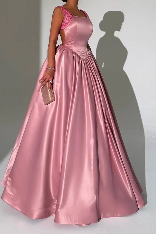 Bateau Satin Backless Beaded Straps A-Line Empire Prom Dress