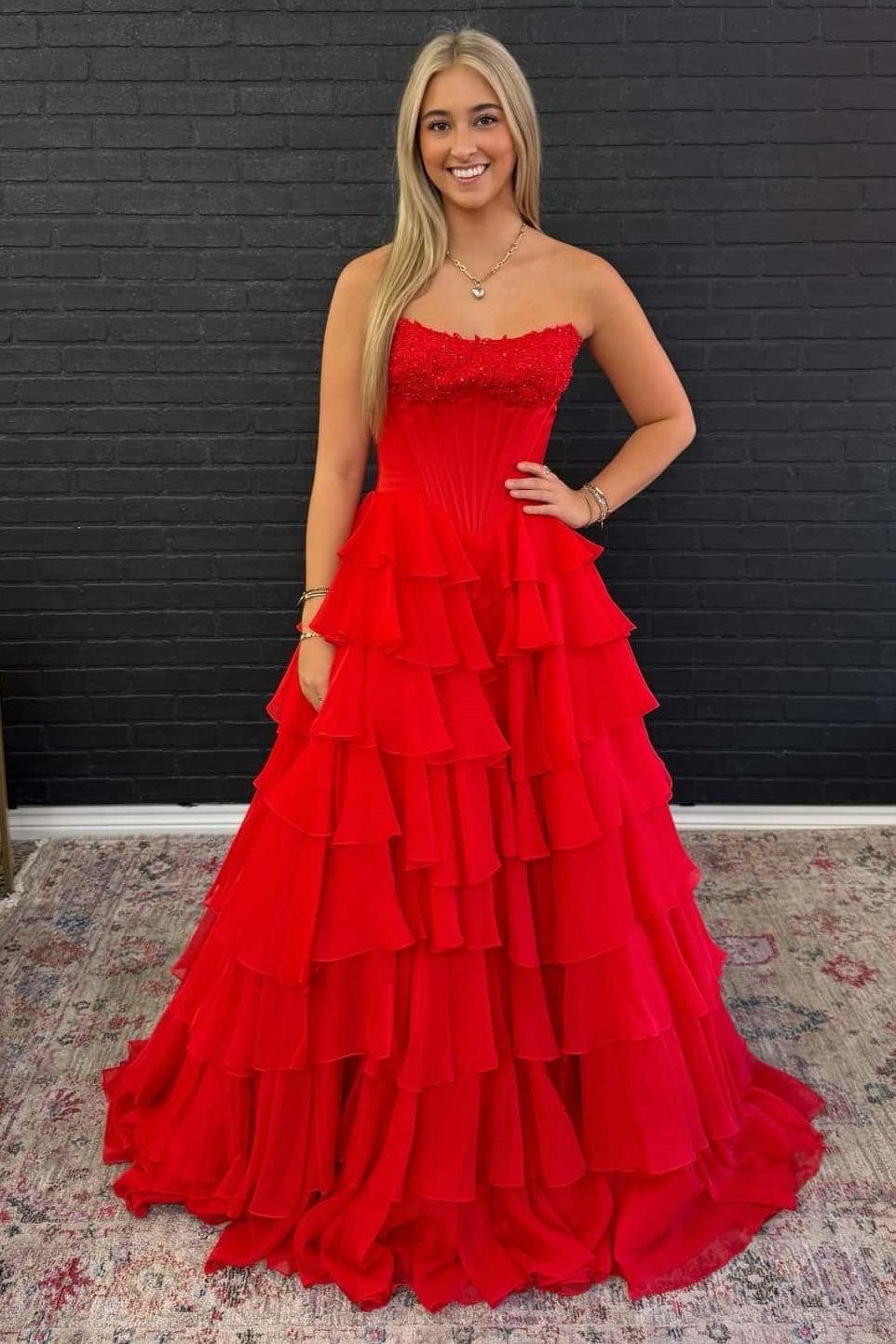 Bateau Strapless Two Tone A-Line Tiered Party Prom Dress