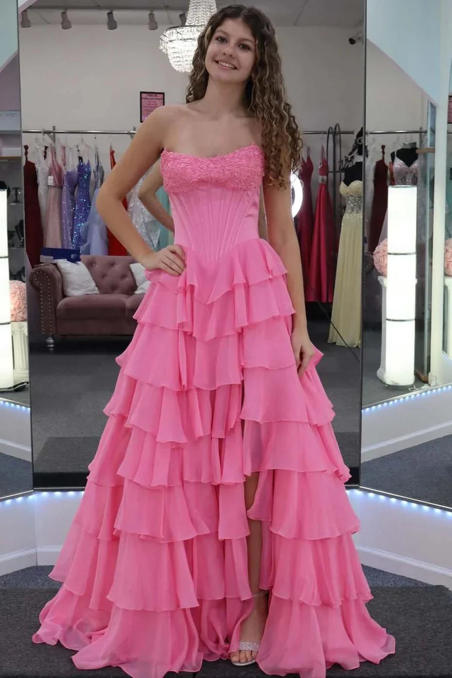 Bateau Strapless Two Tone A-Line Tiered Party Prom Dress