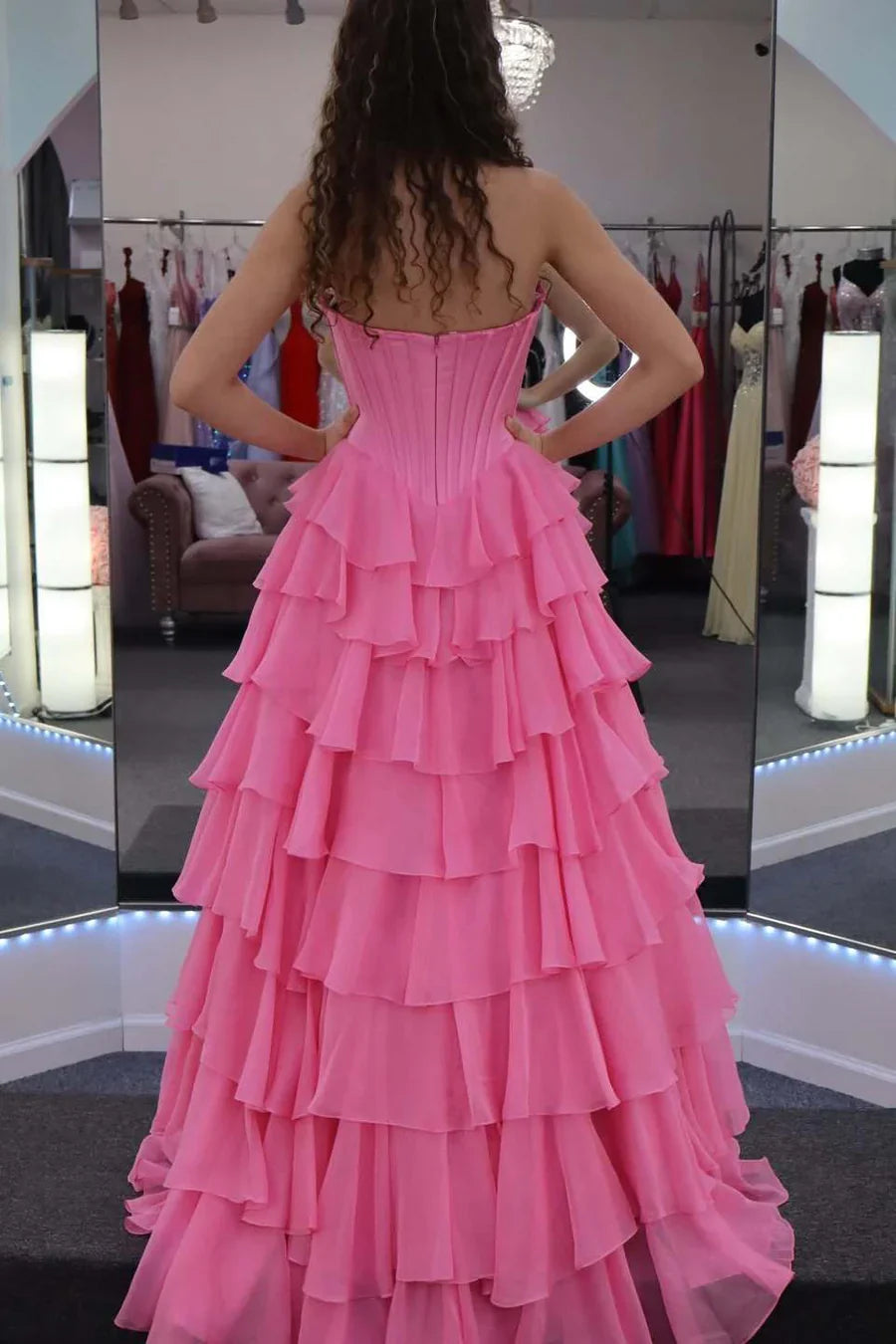 Bateau Strapless Two Tone A-Line Tiered Party Prom Dress