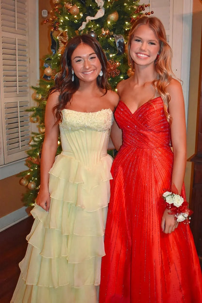 Bateau Strapless Two Tone A-Line Tiered Party Prom Dress