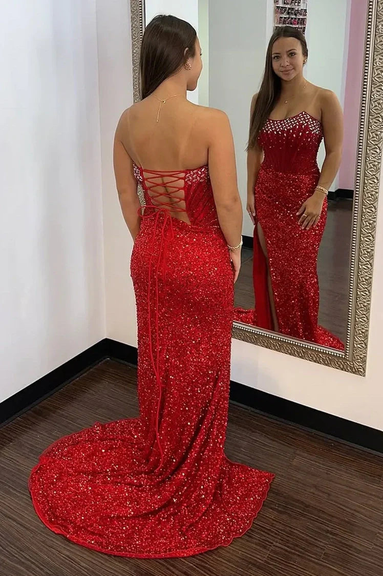 Beaded Bateau Strapless Sequin Mermaid Party Prom Dress