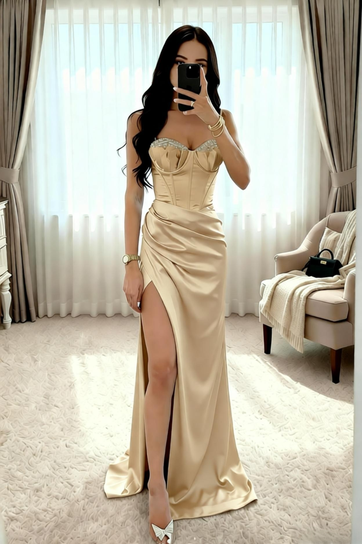 Beaded Neck Baby Blue Mermaid Long Dress with Slit