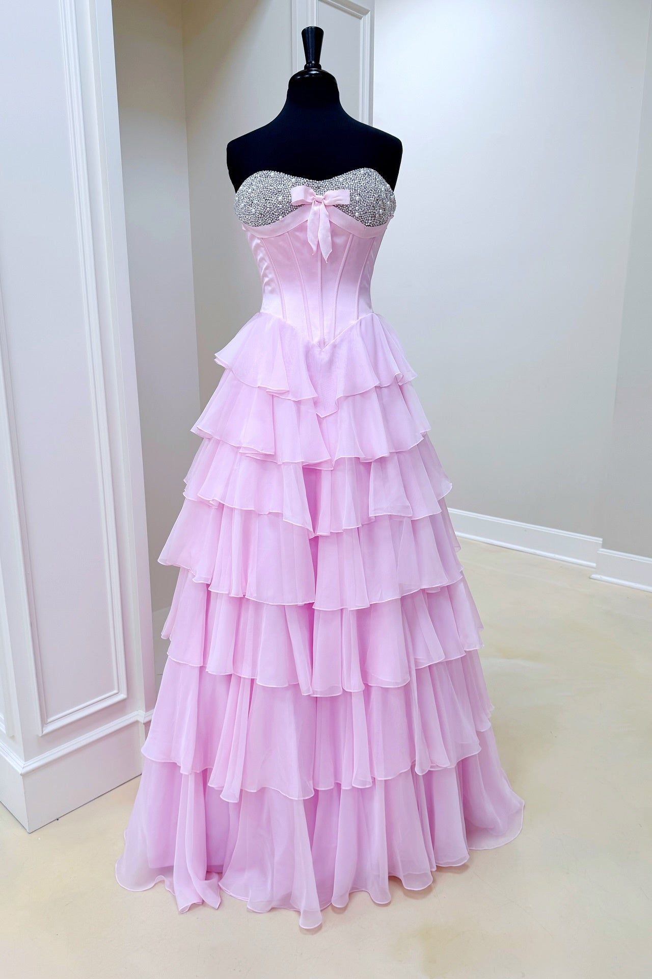 Beaded Neck Light Pink Tiered Long Dress with Bow