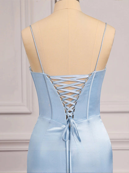 Beaded Neck Baby Blue Mermaid Long Dress with Slit