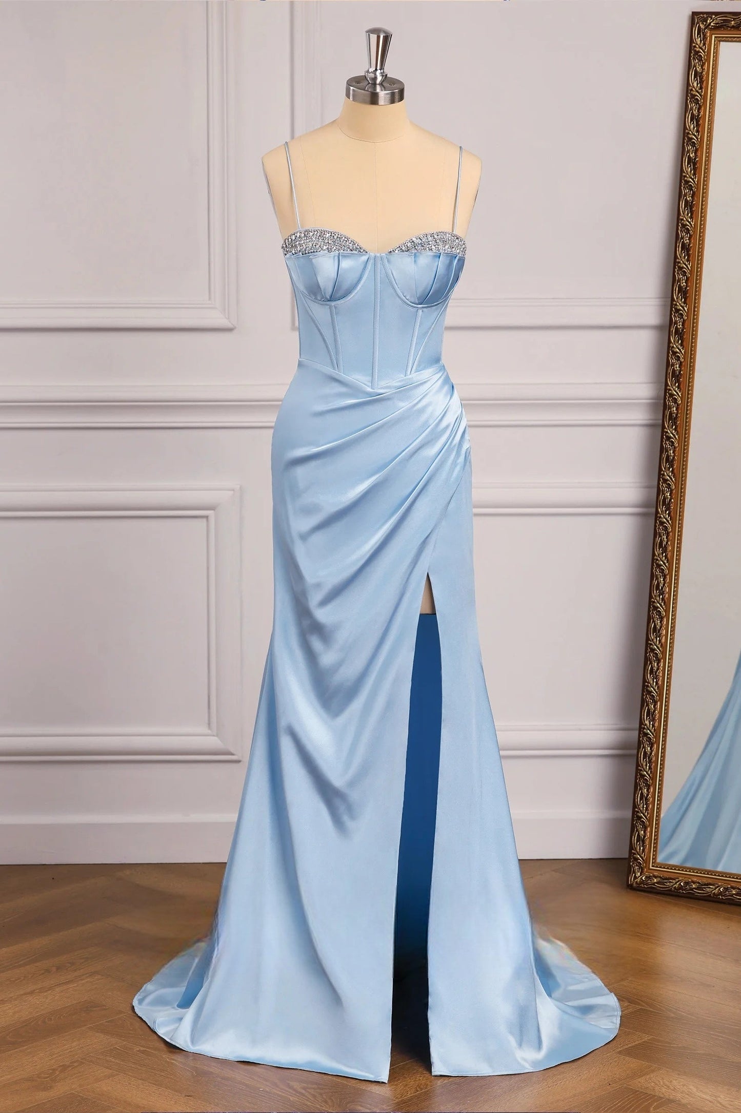 Beaded Neck Baby Blue Mermaid Long Dress with Slit