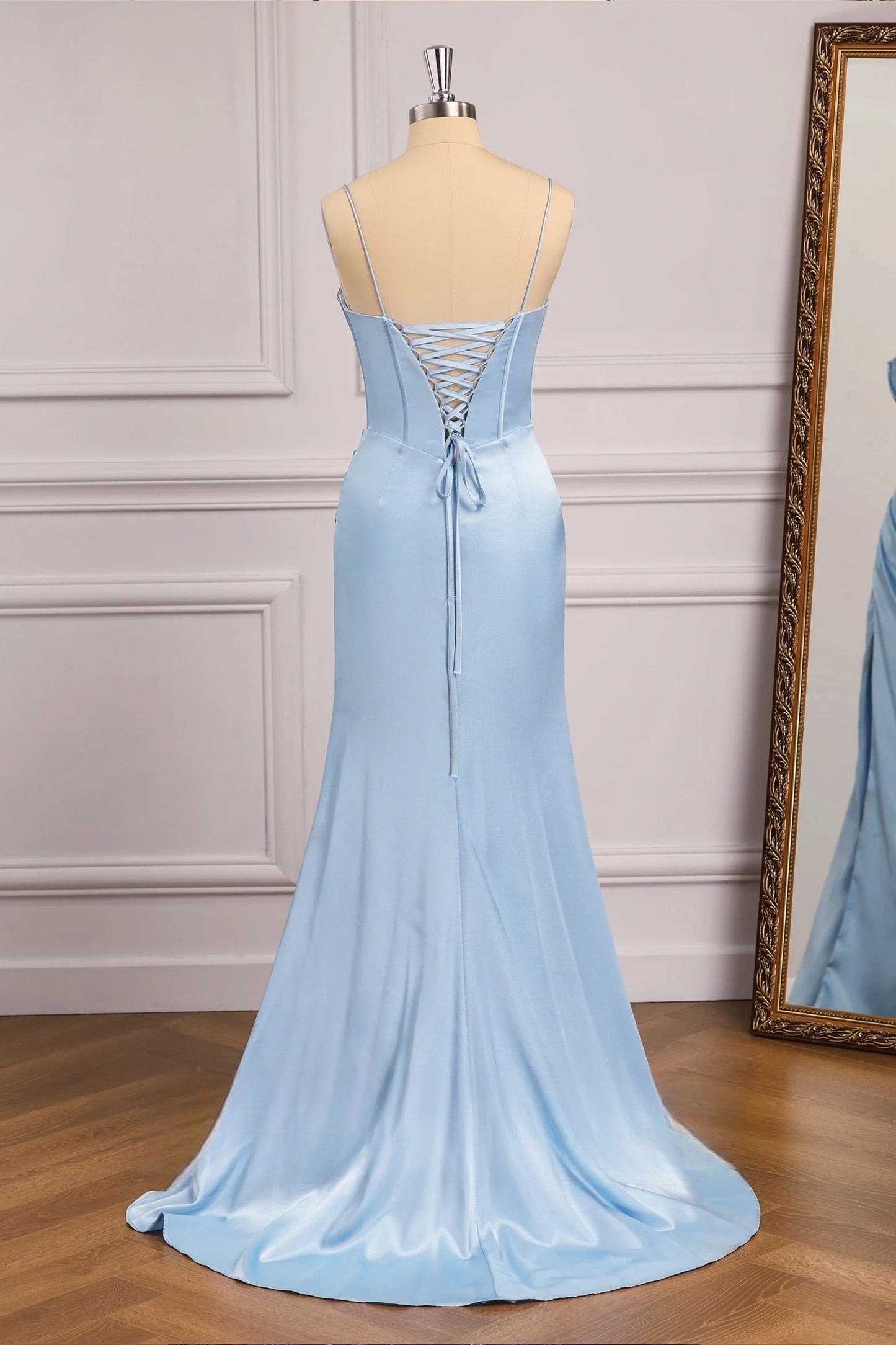Beaded Neck Baby Blue Mermaid Long Dress with Slit