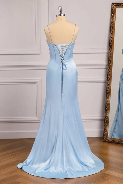 Beaded Neck Baby Blue Mermaid Long Dress with Slit