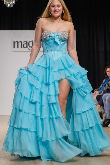 Beaded Neck Light Pink Tiered Long Dress with Bow