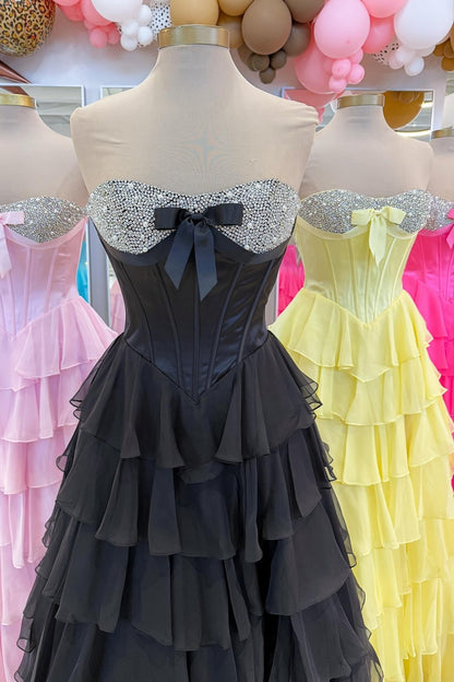 Beaded Neck Light Pink Tiered Long Dress with Bow