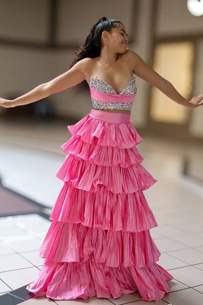 Beaded Strapless Satin A-Line Two Piece Tiered Prom Dress