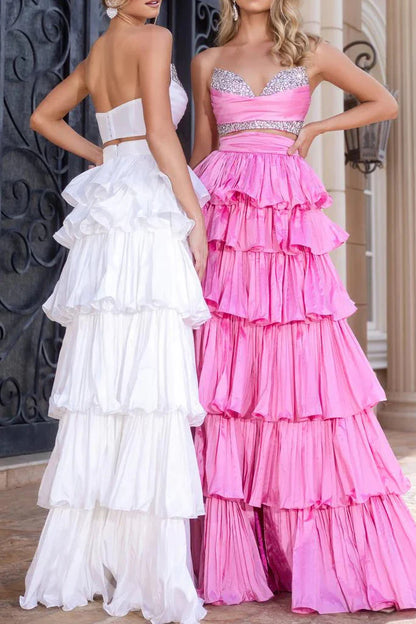 Beaded Strapless Satin A-Line Two Piece Tiered Prom Dress