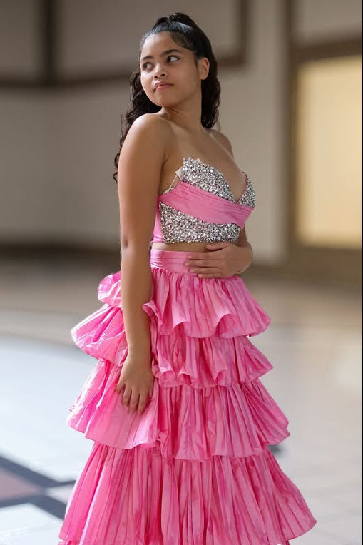 Beaded Strapless Satin A-Line Two Piece Tiered Prom Dress