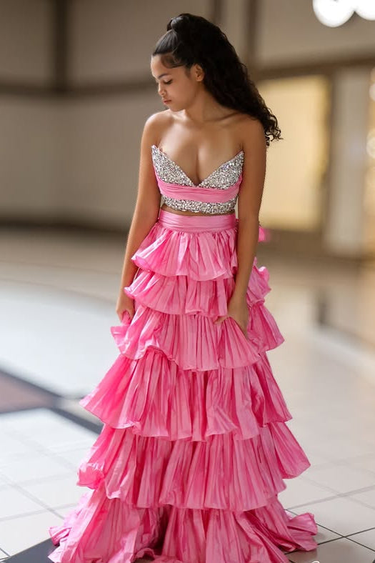Beaded Strapless Satin A-Line Two Piece Tiered Prom Dress
