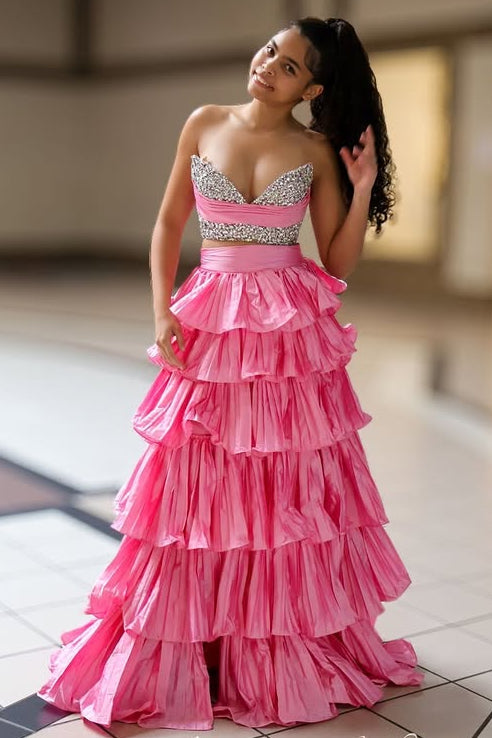 Beaded Strapless Satin A-Line Two Piece Tiered Prom Dress
