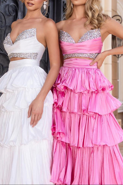 Beaded Strapless Satin A-Line Two Piece Tiered Prom Dress