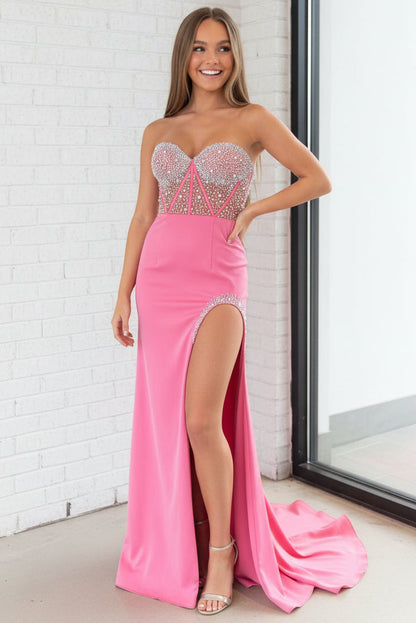 Beading Corset Strapless Shiny Sheath High Slit Prom Dress