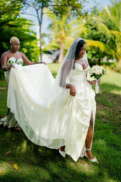 Beautiful Long Ivory A-line Strapless V-neck Split Front Wedding Dress