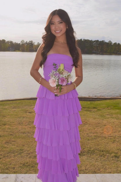 Beautiful A Line Strapless Purple Long Prom Dress with Ruffles