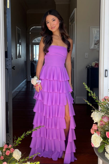 Beautiful A Line Strapless Purple Long Prom Dress with Ruffles