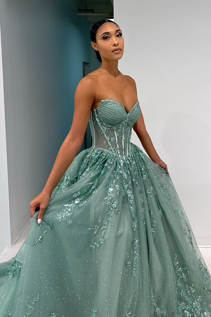 Beautiful A Line Sweetheart Green Corset Prom Dress with Appliques