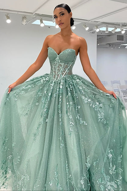 Beautiful A Line Sweetheart Green Corset Prom Dress with Appliques