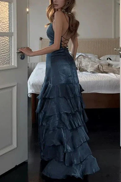 Beautiful A Line V Neck Navy Blue Long Prom Dress with Ruffles