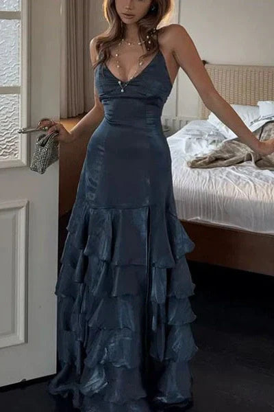 Beautiful A Line V Neck Navy Blue Long Prom Dress with Ruffles