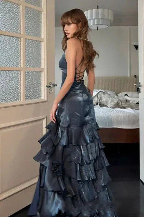 Beautiful A Line V Neck Navy Blue Long Prom Dress with Ruffles