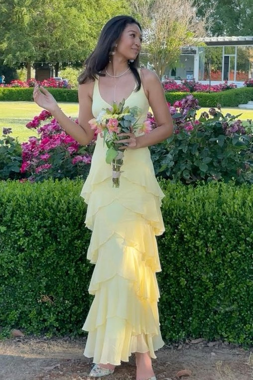 Beautiful A Line V Neck Yellow Long Prom Dress with Ruffles