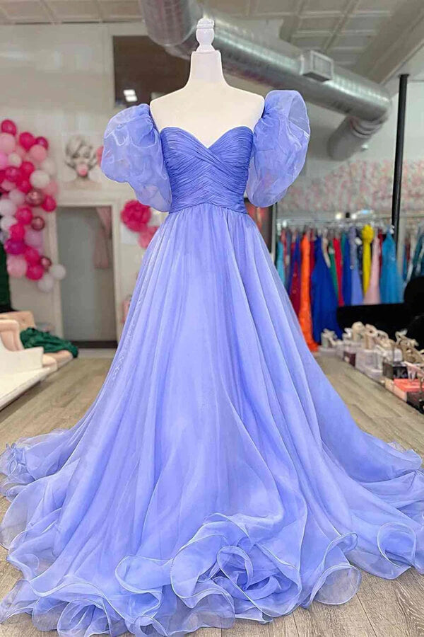 Beautiful Tulle A-line Blue Puff Sleeves Long Prom Dress