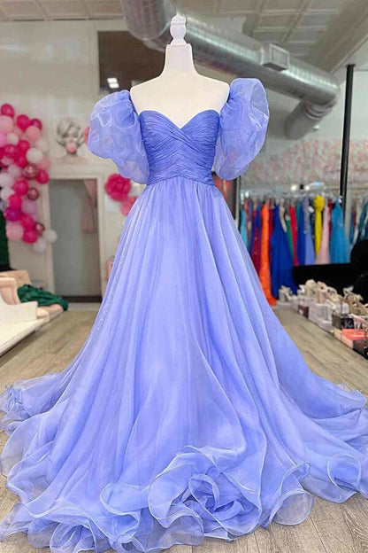 Beautiful Tulle A-line Blue Puff Sleeves Long Prom Dress