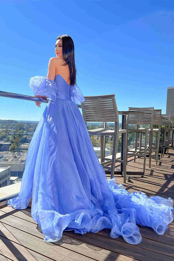 Beautiful Tulle A-line Blue Puff Sleeves Long Prom Dress