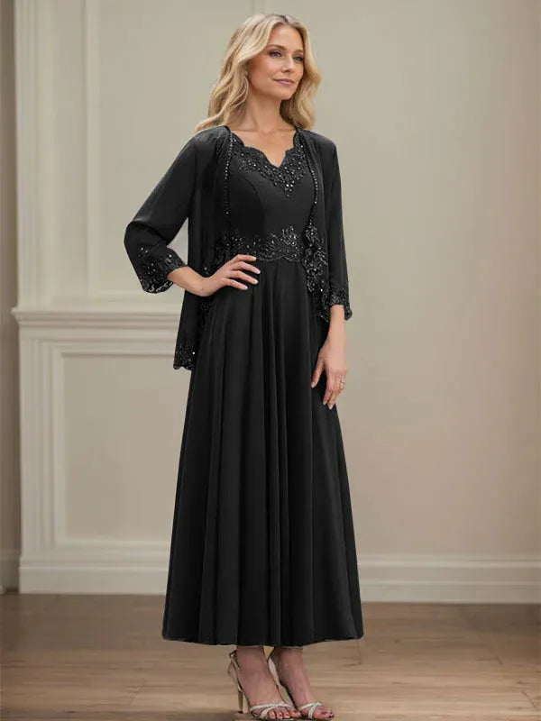 A-line V-Neck Ankle-Length Chiffon Mother of the Bride Dress