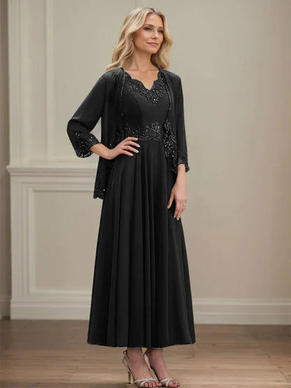 A-line V-Neck Ankle-Length Chiffon Mother of the Bride Dress