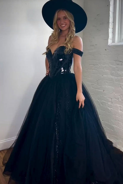 Black A-Line Off The Shoulder  Mirror Top Long Tulle Prom Dress With Split