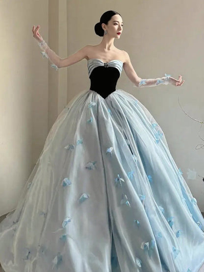 Black And Blue 3D Butterfly Applique Strapless Princess Prom Dress