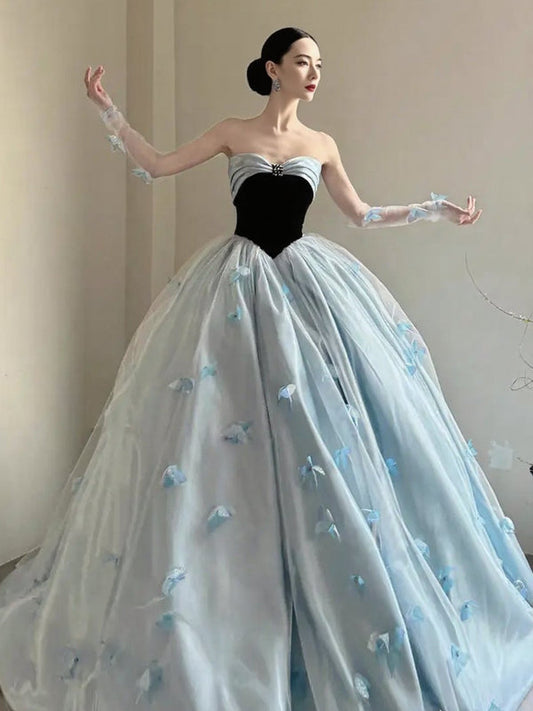 Black And Blue 3D Butterfly Applique Strapless Princess Prom Dress