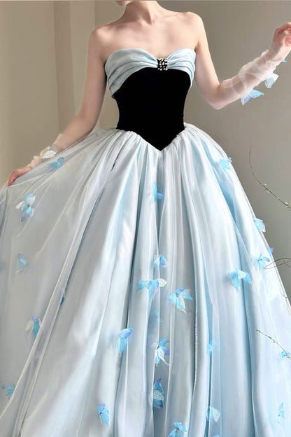 Black And Blue 3D Butterfly Applique Strapless Princess Prom Dress