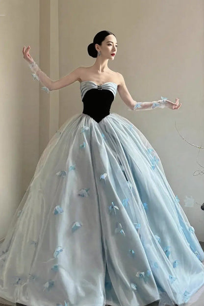 Black And Blue 3D Butterfly Applique Strapless Princess Prom Dress