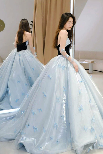 Black And Blue 3D Butterfly Applique Strapless Princess Prom Dress