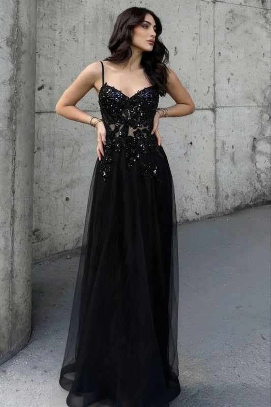 Charming A Line Spaghetti Straps Black Beaded Prom Dress