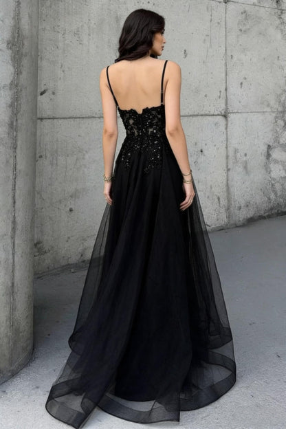 Charming A Line Spaghetti Straps Black Beaded Prom Dress