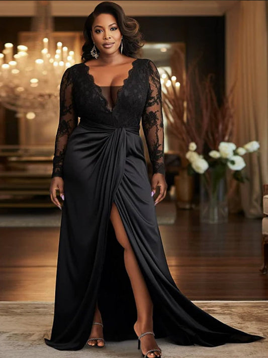 Black Lace Long Sleeves V-neck Sheath With Front Slit Formal Dress